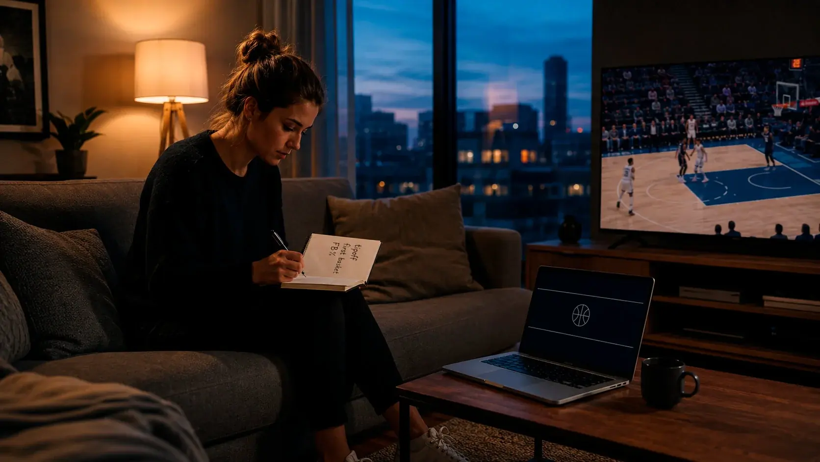 A UK NBA bettor working through first basket prop research with a notepad and laptop